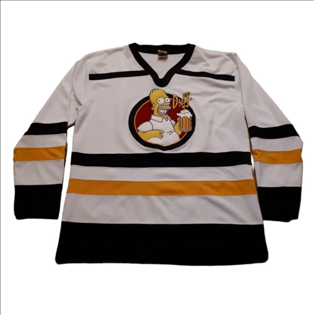 VTG The Simpsons Homer Simpson Duff Beer Hockey Jersey – White/Gold/Black